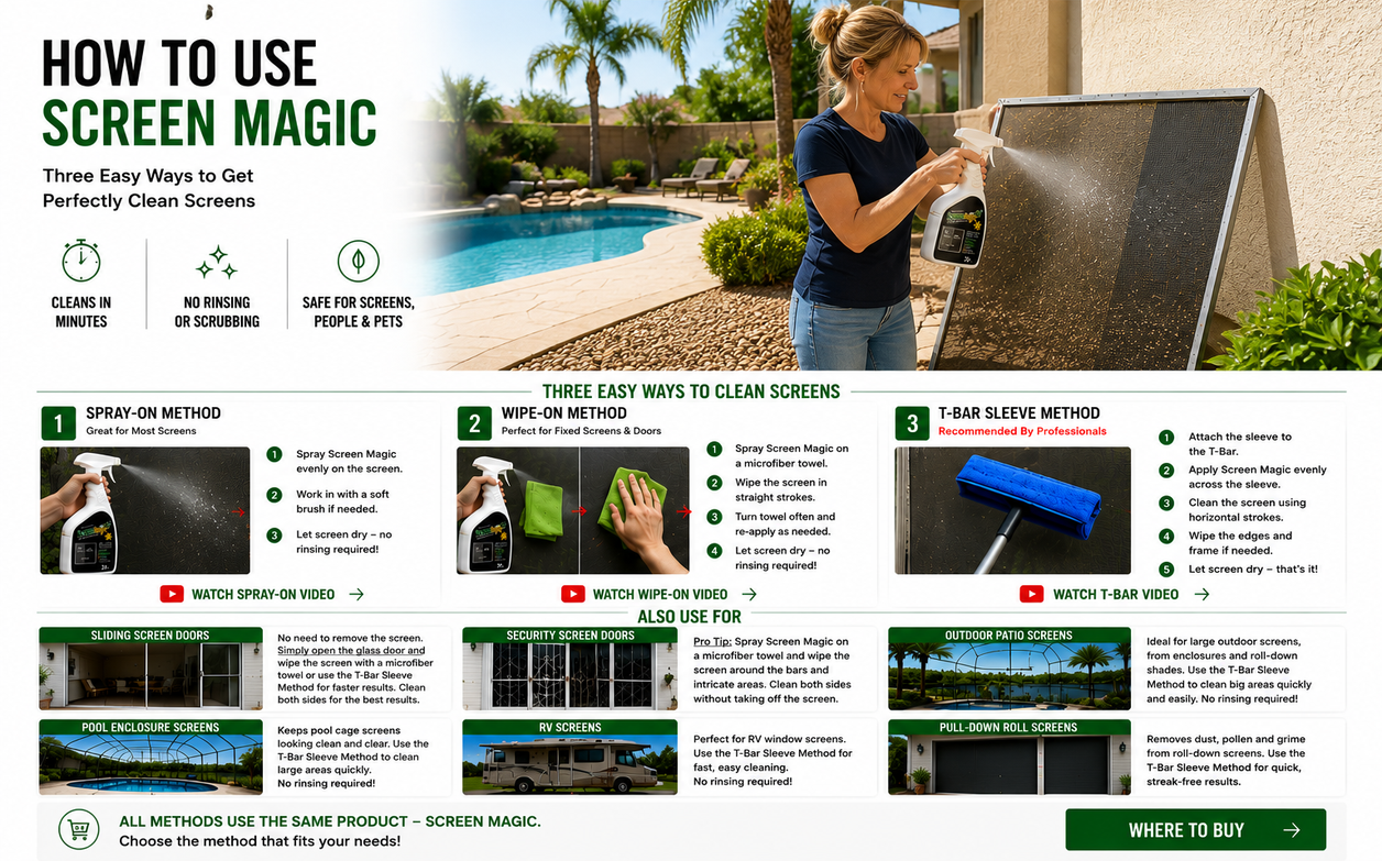 How to use Screen Magic with spray-on, wipe-on and T-bar sleeve methods